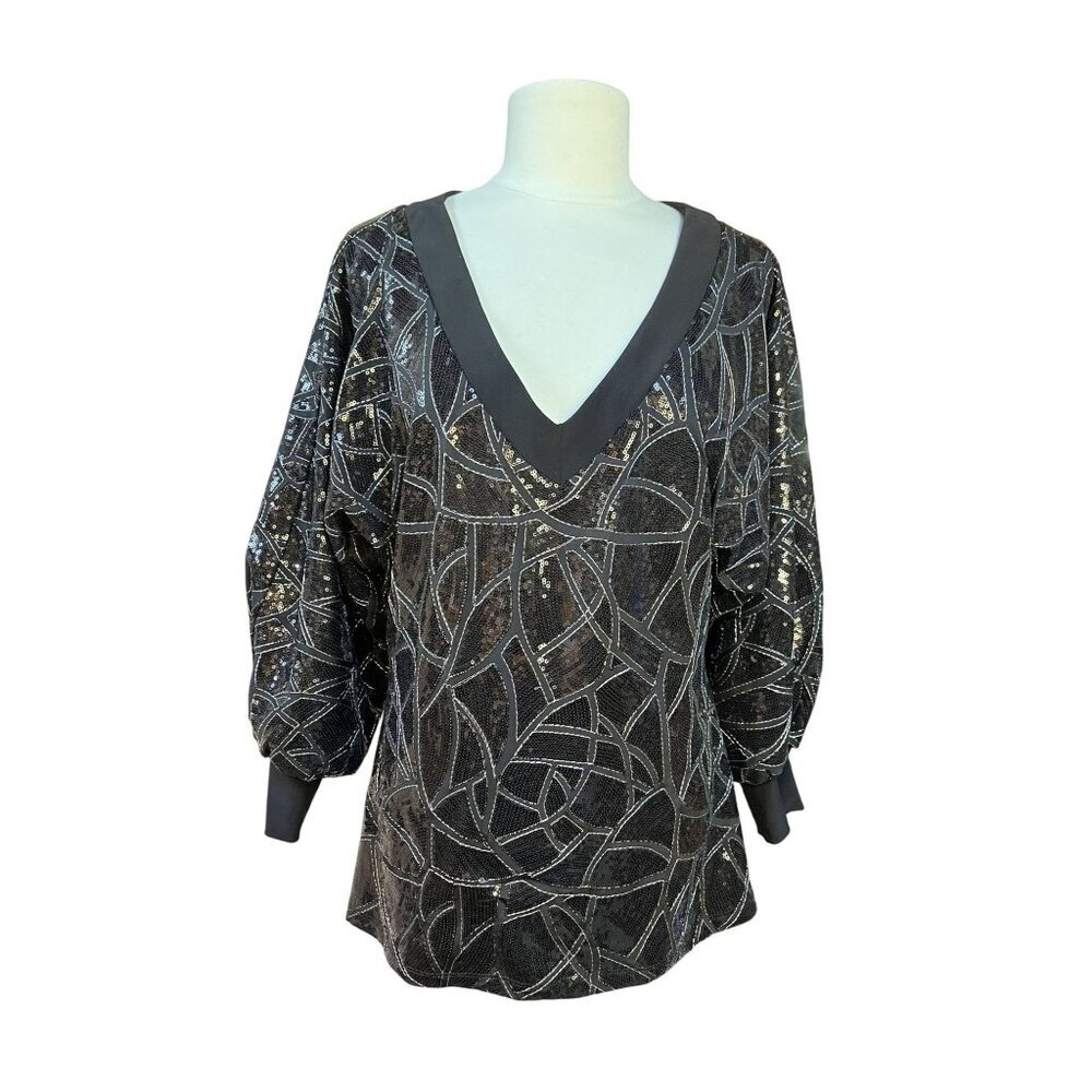 Vintage NueVa Sequin Abstract Geometric Blouse With Dolman Sleeves & V-Neck